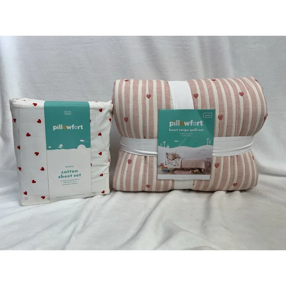TWIN Heart Striped Kids' Quilt Set AND Heart Cotton Sheet Set NEW!